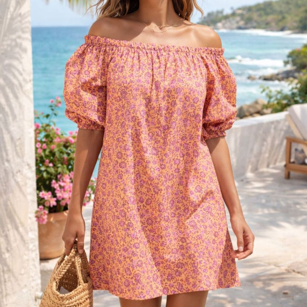 2 for $20 Old Navy Pink Orange Floral Paisley Off-Shoulder Mini Dress M